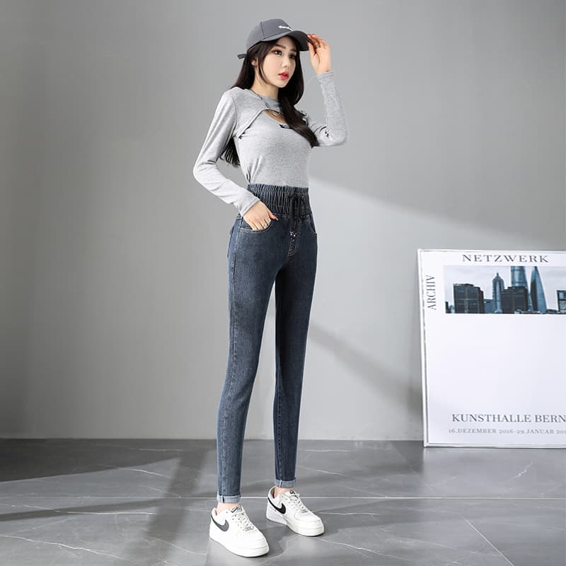 ハイウエスト パンツ ドローコード付きハイウエストデニム