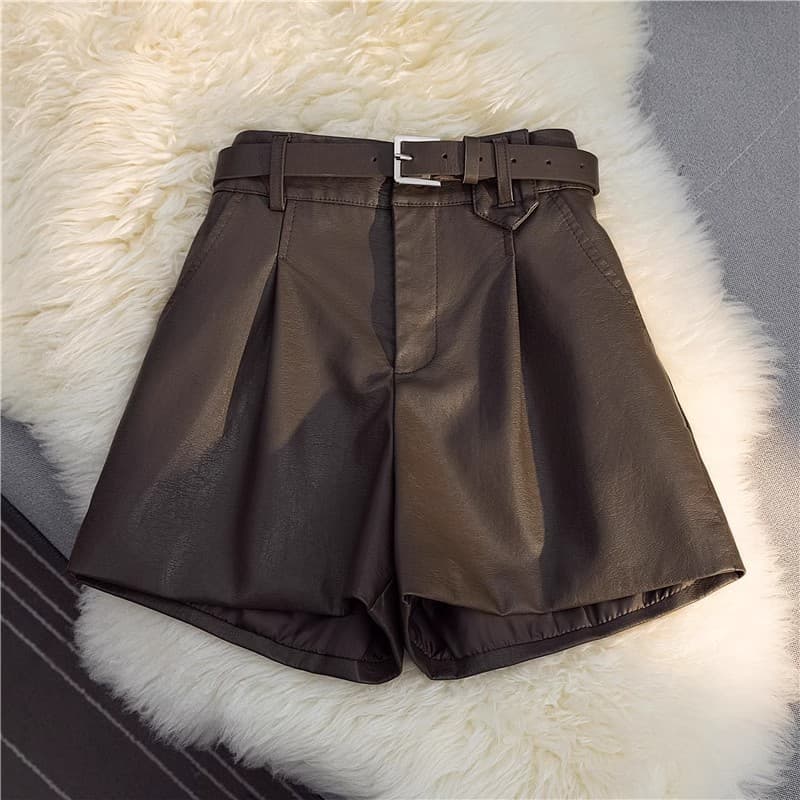 ハイウエスト パンツ ベルト付き プリーツ レザー調 ハーフパンツ
