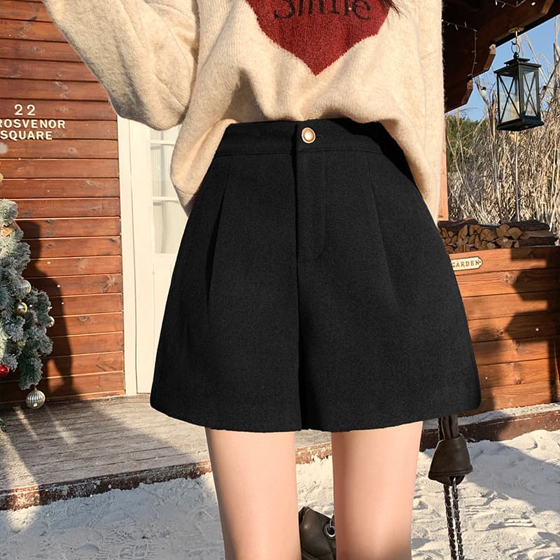 ハイウエスト パンツ ウール混 タック入り ゆったりショートパンツ