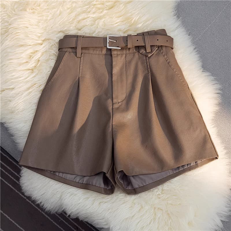 ハイウエスト パンツ ベルト付き プリーツ レザー調 ハーフパンツ