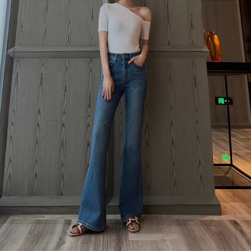 ハイウエスト パンツ デニムフレアストレートハイウエストパンツ