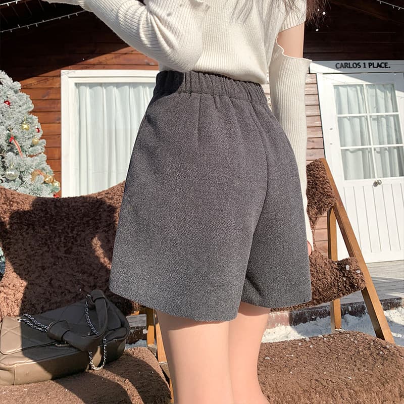 ハイウエスト パンツ ウール混 タック入り ゆったりショートパンツ