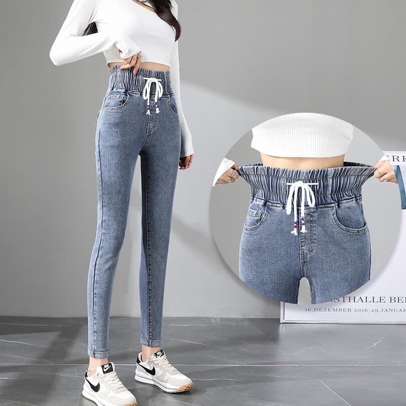 ハイウエスト パンツ ドローコード付きハイウエストデニム