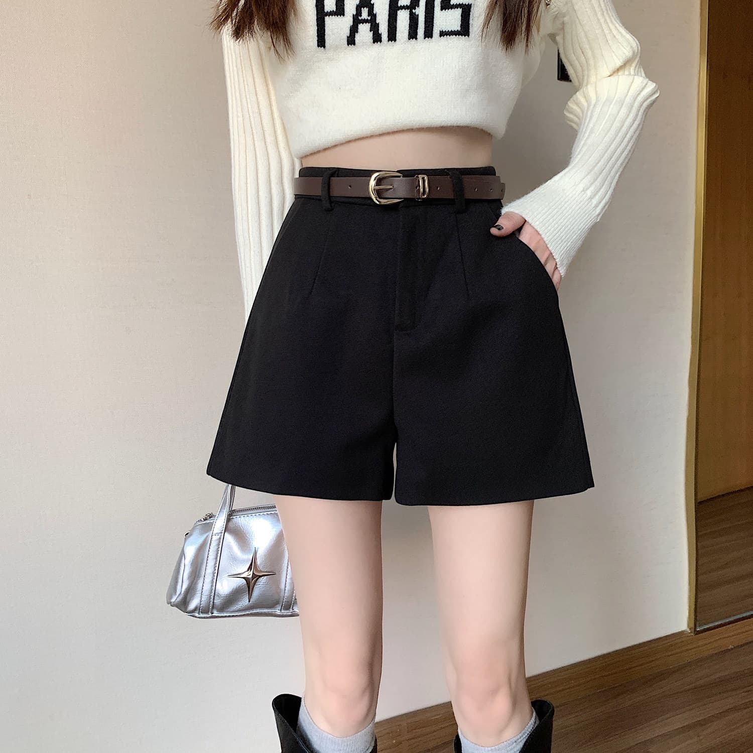 ハイウエスト パンツ ゆったりウエストベルト付きハイウエストショーツ