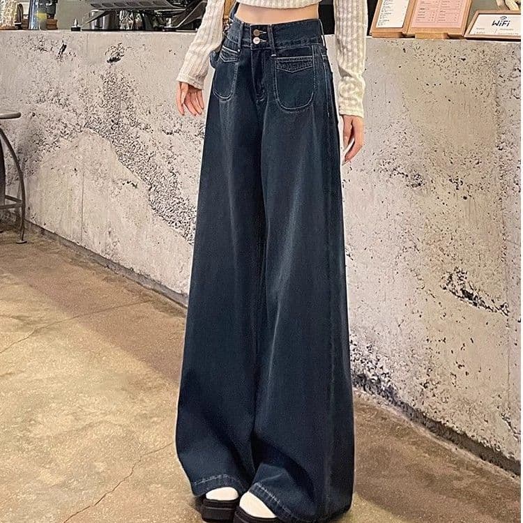 ハイウエスト パンツ ゆったりワイド脚長デニムパンツ
