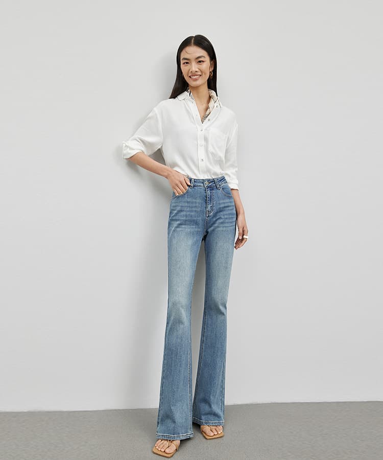 ハイウエスト パンツ センタープレス美脚フレアデニム