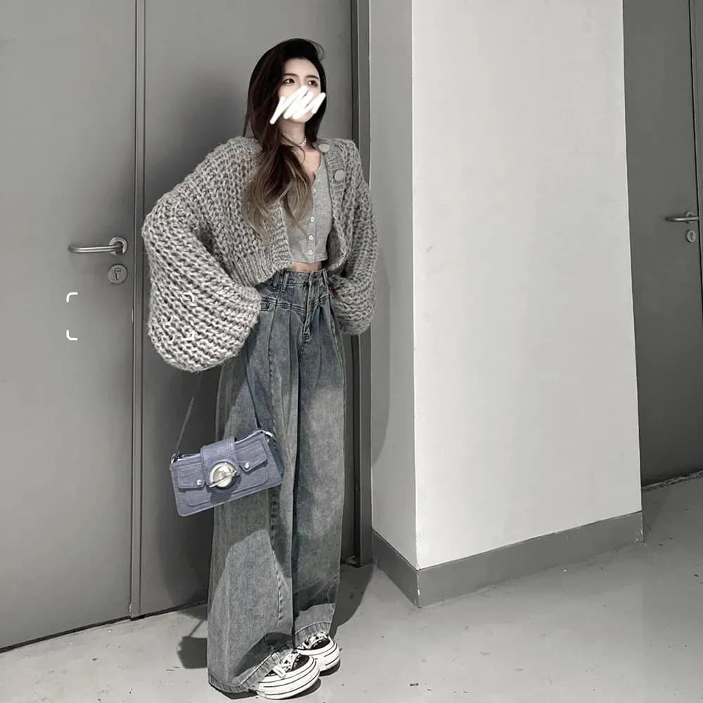 ハイウエスト パンツ ゆったりワイドデニムパンツ