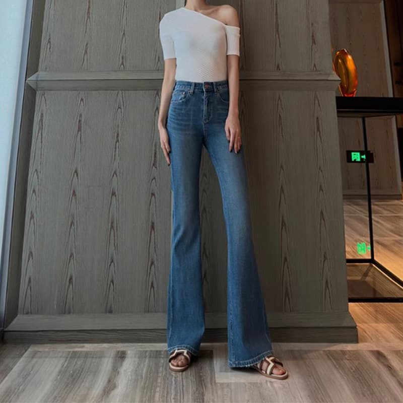 ハイウエスト パンツ デニムフレアストレートハイウエストパンツ