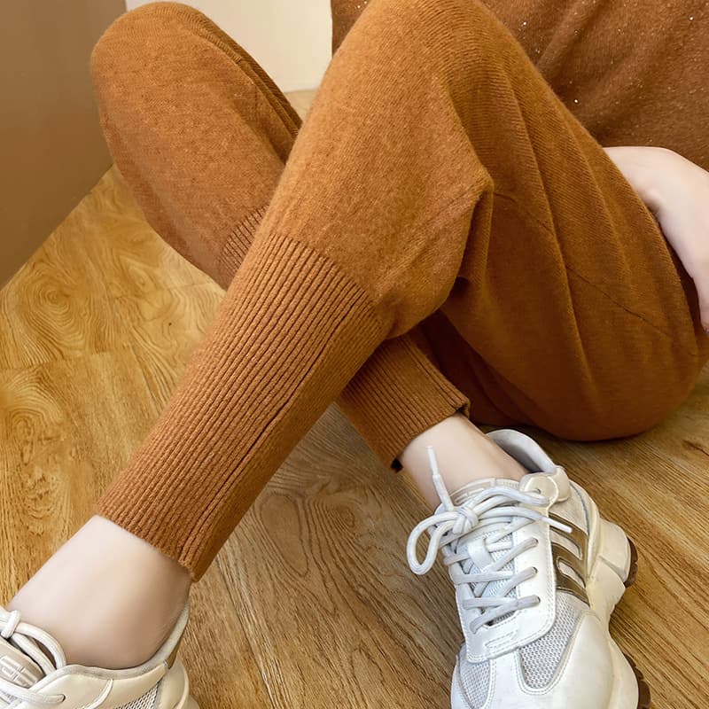 ハイウエスト パンツ ストレッチ入りニットテーパードパンツ