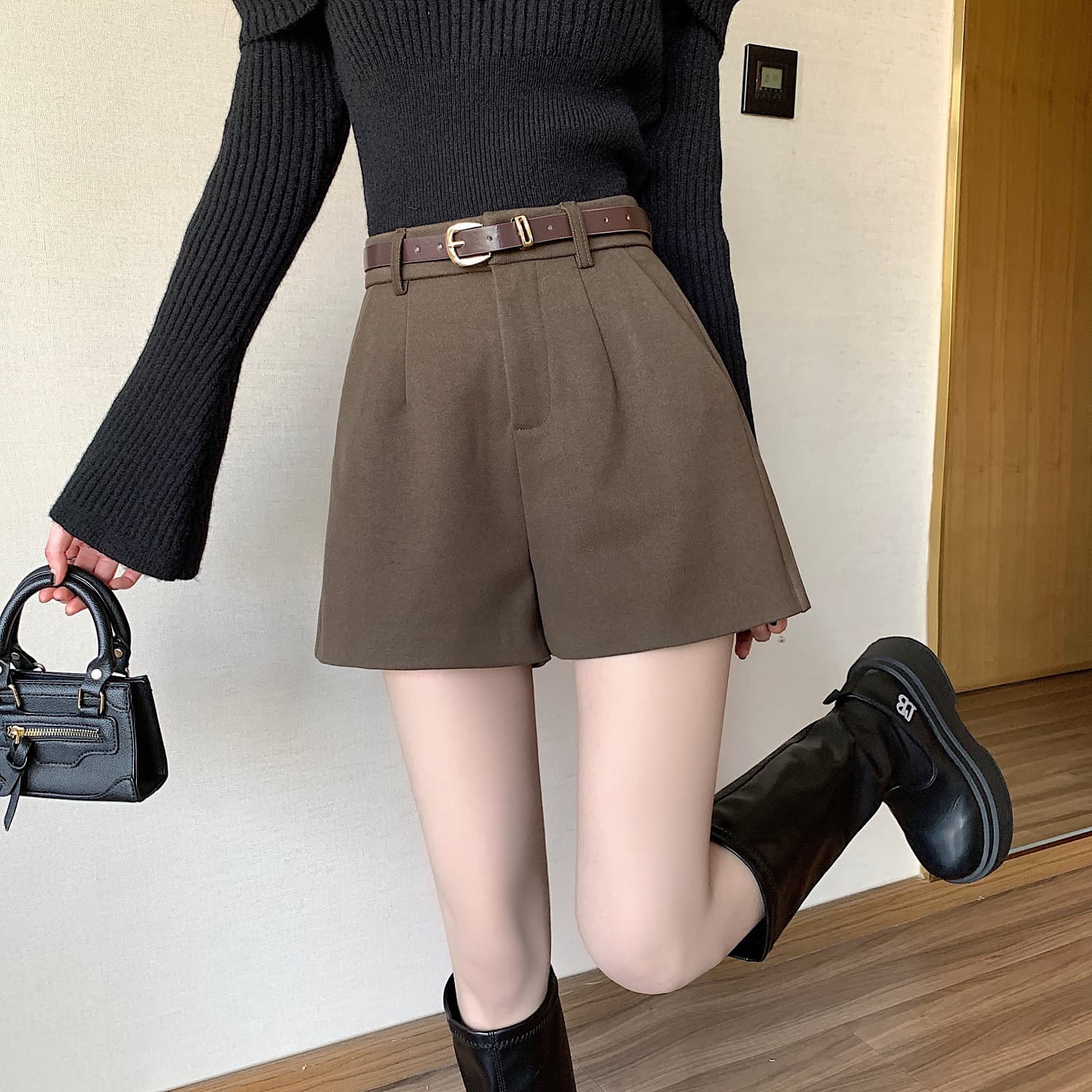 ハイウエスト パンツ ゆったりウエストベルト付きハイウエストショーツ
