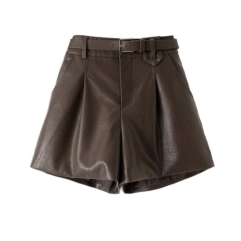 ハイウエスト パンツ ベルト付き プリーツ レザー調 ハーフパンツ